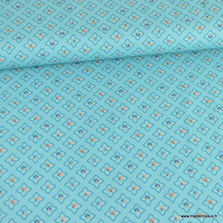 Tissu popeline motifs graphique fond bleu - Oeko tex