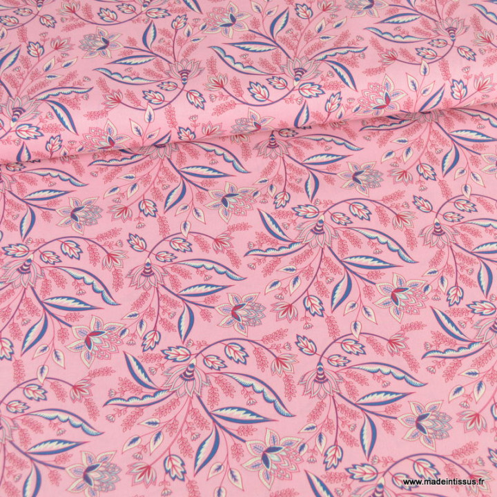 Tissu popeline motifs fleurs Indi fond Rose - Oeko tex