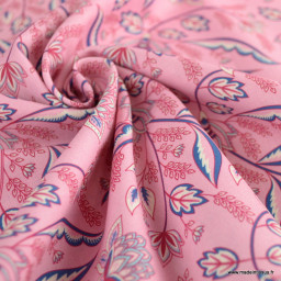 Tissu popeline motifs fleurs Indi fond Rose - Oeko tex