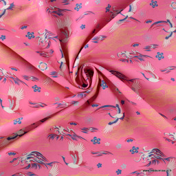 Tissu popeline motifs fleurs et Grues japonaises fond Rose - Oeko tex