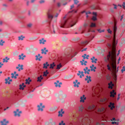 Tissu popeline motifs petites fleurs japonaises fond Rose - Oeko tex