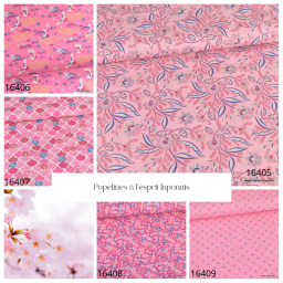 Tissu popeline motifs petites fleurs japonaises fond Rose - Oeko tex