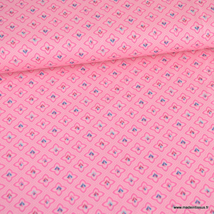 Tissu popeline motifs graphique fond Rose - Oeko tex