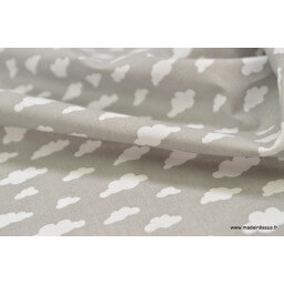 Tissu coton oeko tex imprimé nuages blancs sur fond gris x50cm