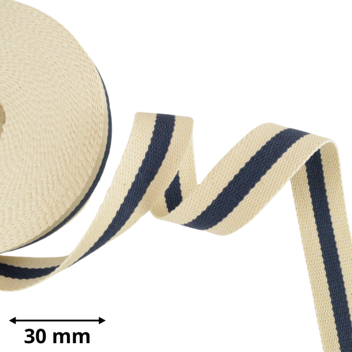 Sangle souple bicolore 30mm en coton - Ecru rayure bleu marine