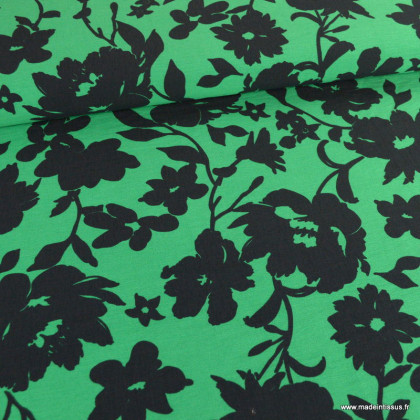 Popeline de viscose motif petites fleurs fond vert - oeko tex