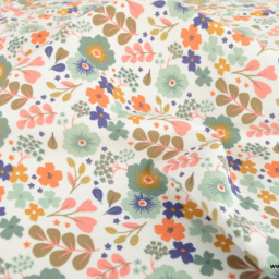 Tissu velours milleraies Dorie motif fleurs bleues et Orange - oeko tex