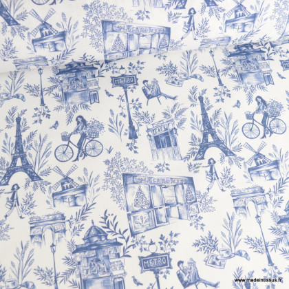 Tissu demi natté coton Baguette type bachette motif Paris, Tour Eiffel, kiosques à journaux bleu et blanc - oeko tex