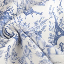 Tissu demi natté coton Baguette type bachette motif Paris, Tour Eiffel, kiosques à journaux bleu et blanc - oeko tex