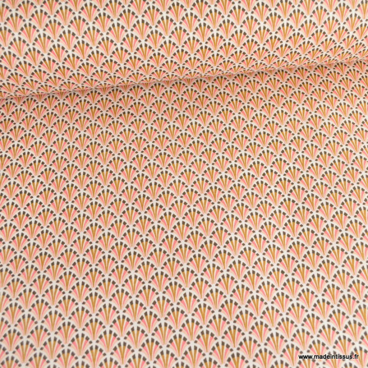 Tissu coton Enduit Kolius motif écailles Sorbet et blanc