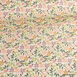 Tissu coton Enduit Arage motif fleurs violettes fond Ecru