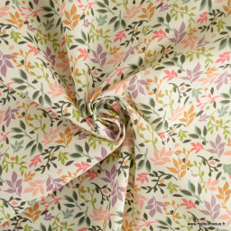 Tissu coton Enduit Arageo motif fleurs violettes fond Ecru