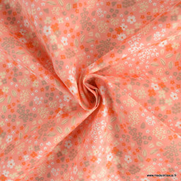 Tissu coton Enduit Doaby motif fleurs fond Sorbet