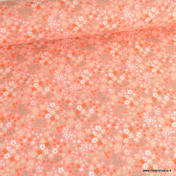 Tissu coton Enduit Doaby motif fleurs fond Sorbet