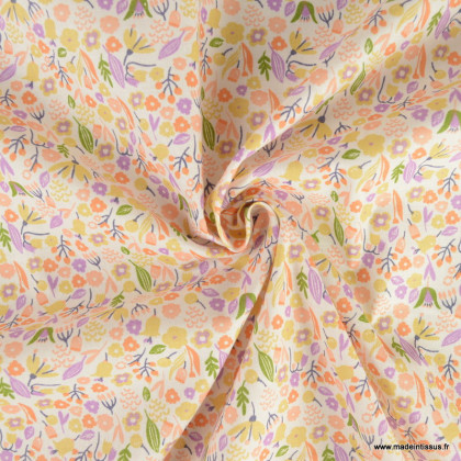 Tissu coton imprimé Alice petites fleurs Orange fond blanc -  Oeko tex