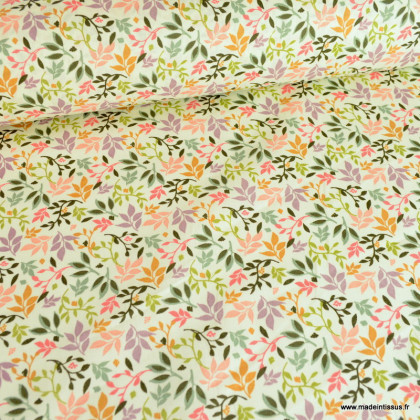 Tissu coton imprimé Arageo motif fleurs violettes fond écru -  Oeko tex