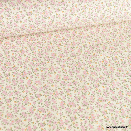 Tissu coton imprimé Capri motif fleurs Mauve fond écru -  Oeko tex