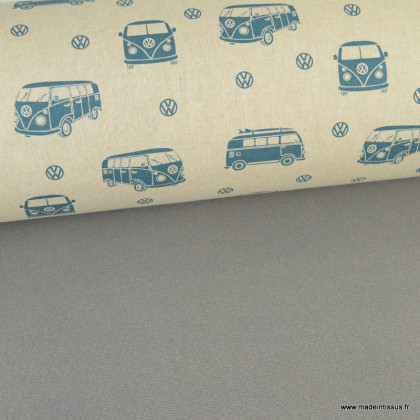 Tissu natté aspect lin motif vans bleus envers mousse- Exclusivité