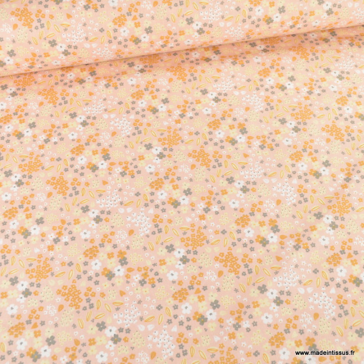 Tissu coton imprimé Doaby petites fleurs Camel fond rose -  Oeko tex