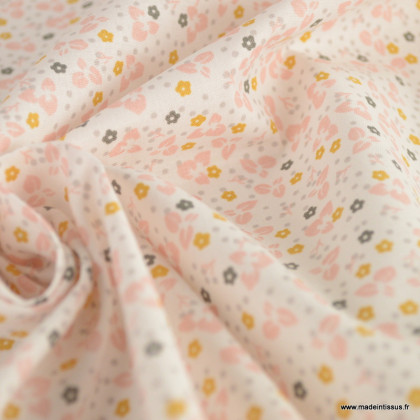 Tissu coton imprimé Kamill petites fleurs roses fond blanc - Oeko tex