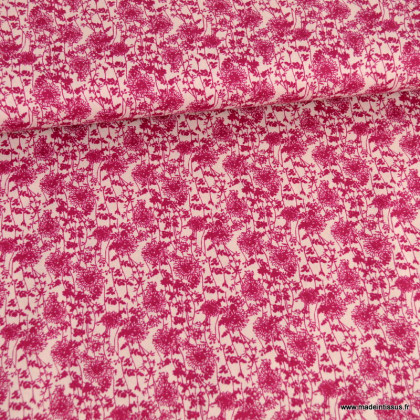 Tissu coton popeline motifs fleurs fuchsia