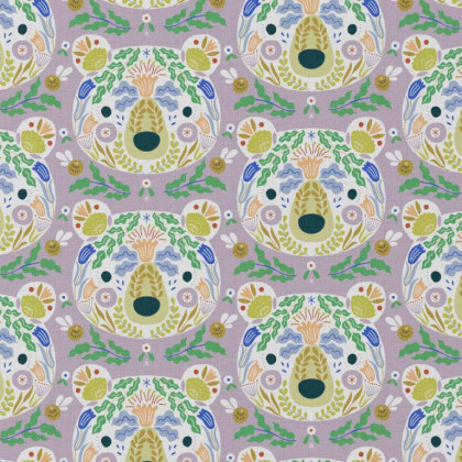 Tissu Coton Byrnisson motif têtes d'ours Lilas et vert fond gris - oeko tex