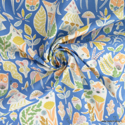 Tissu Coton Lorek motif animaux fond bleu - oeko tex