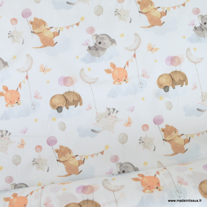 Tissu Coton Mouna motif animaux et ballons fond blanc - oeko tex