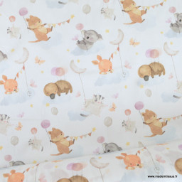 Tissu Coton Mouna motif animaux et ballons fond blanc - oeko tex