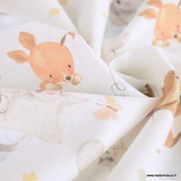 Tissu Coton Mouna motif animaux et ballons fond blanc - OEKO TEX