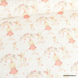 Tissu Coton Linette motif princesse, arc en ciel, licornes et fleurs - oeko tex