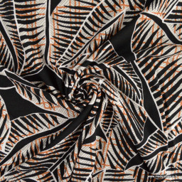 1 coupon de 125 cm Tissu Jersey de Viscose motif feuilles exotiques fond noir - oeko tex