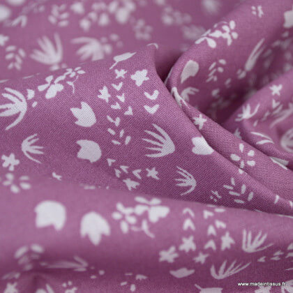 Tissu cretonne coton Gamina motifs fleurs fond bois de rose - oeko tex