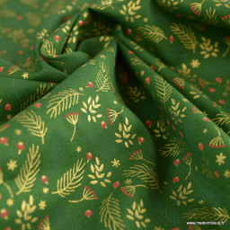 1 coupon de 59 cm Tissu de Noël motif branches de sapins et fleurs or fond vert - Oeko tex