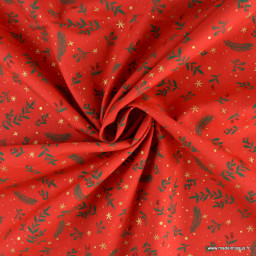 1 coupon de 65 cm Tissu de Noël motif branches de houx fond rouge - Oeko tex