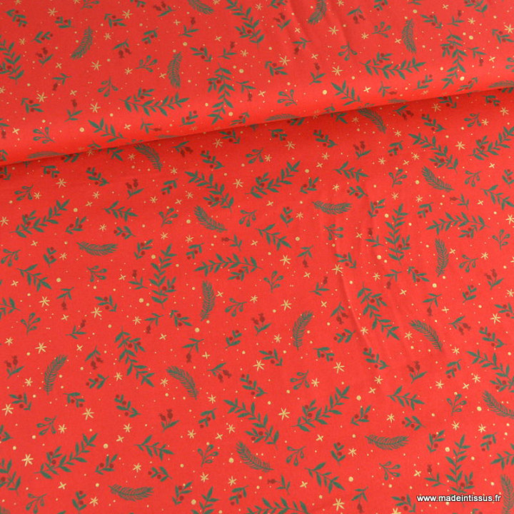 Tissu de Noël motif branches de houx fond rouge - Oeko tex
