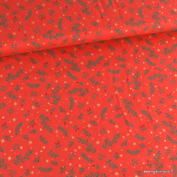 Tissu de Noël motif branches de houx fond rouge - Oeko tex