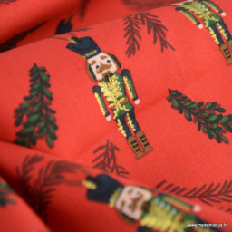 Tissu de Noël motif casse noisette fond rouge  - Oeko tex