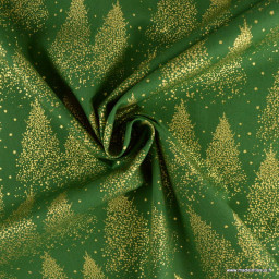 1 coupon de 105 cm Tissu de Noël motif foret de sapins or fond vert - Oeko tex