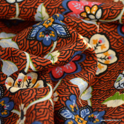 1 coupon de 100 cm  Tissu coton - viscose motif japonais fond brique