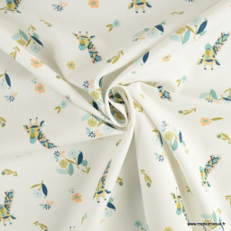 Tissu popeline motif girafes et fleurs bleues fond bleu - Oeko tex