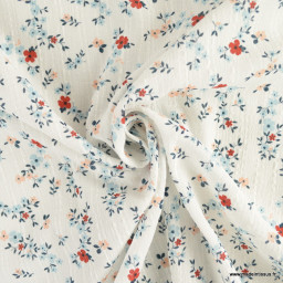 Tissu crêpe de coton imprimé fleurs fond blanc - oeko tex