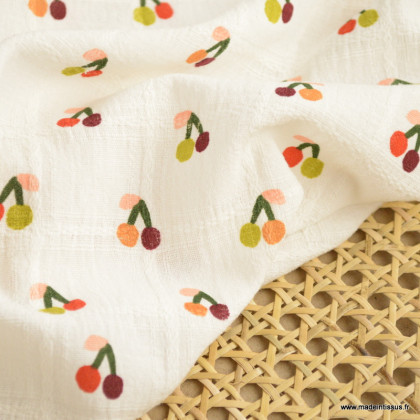 Tissu crêpe de coton imprimé cerises fond blanc - oeko tex