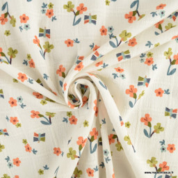 Tissu crêpe de coton imprimé fleurs et papillons fond blanc - oeko tex