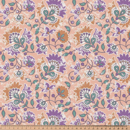 Tissu Orban coton motif fleurs indiennes fond rose et violet - Oeko tex