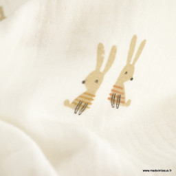 Double gaze motif petits lapins fond blanc - oeko tex