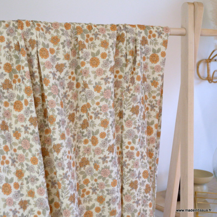 Double gaze marion motifs fleurs camel-exclusivité made in tissus