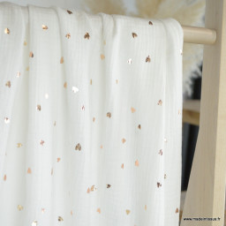 Tissu Double gaze motif coeurs dorés fond blanc - oeko tex standard 100