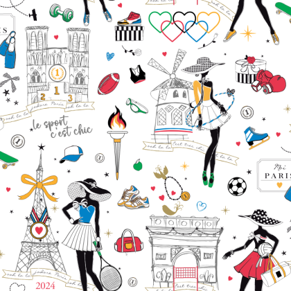 Tissu coton Médaille motif Paris, ma petite robe noire et les jeux Olympiques
