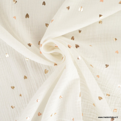 Tissu Double gaze motif coeurs dorés fond blanc - oeko tex standard 100